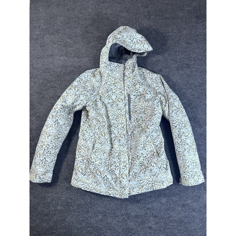 Columbia Interchange Hooded Ski Jacket White Gray Beige L Geometric Pattern